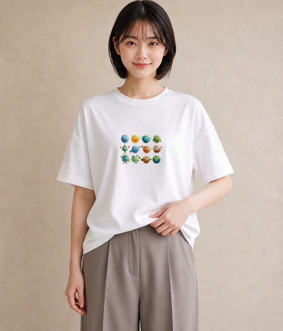 グラフィックTシャツ レディース 惑星 星空 宇宙 イラスト こなれ感 春服 ミセス 白T YMAZO