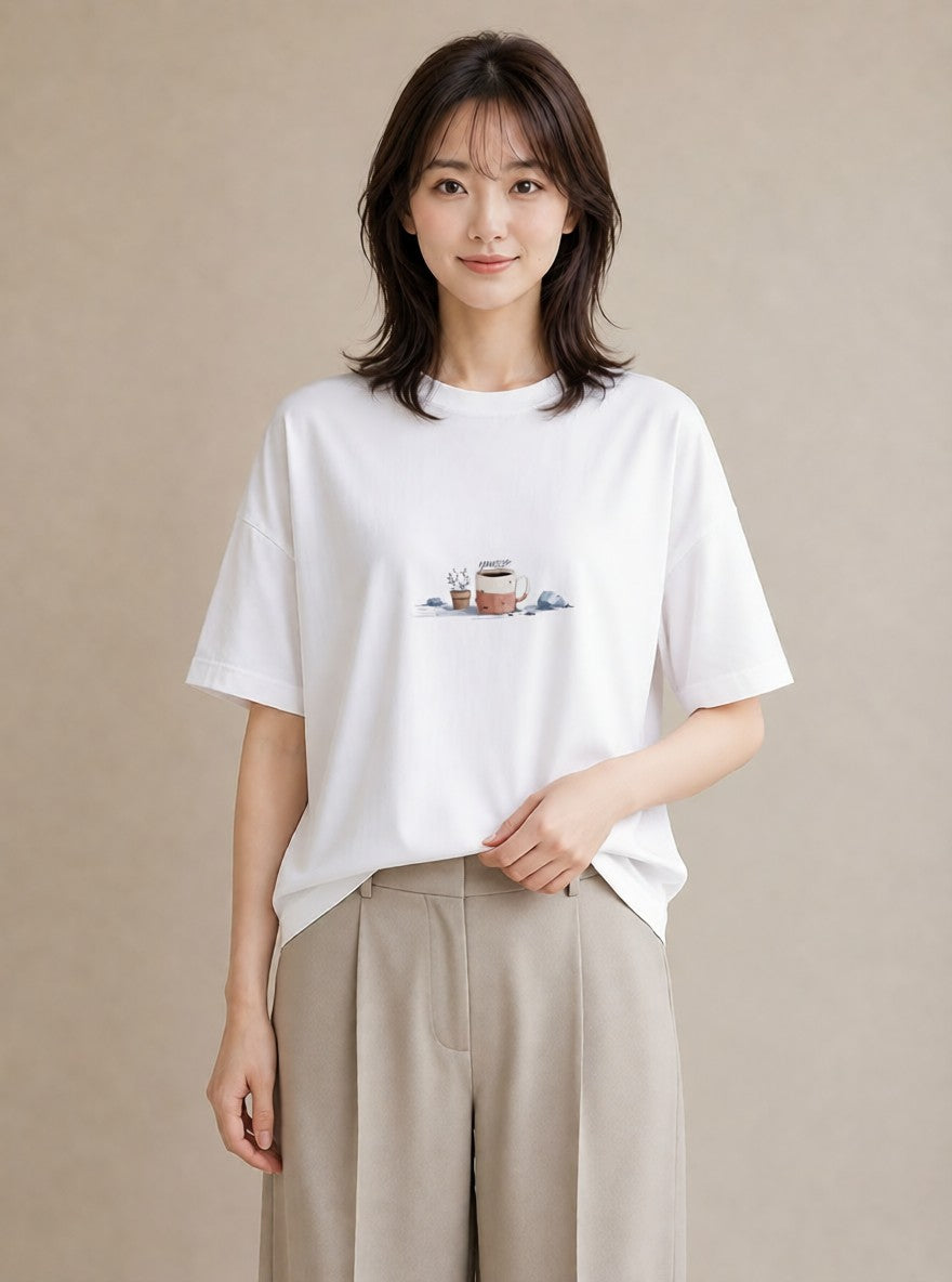 プリントTシャツ レディース ココア 食べ物 フード イラスト アート風 20代 カジュアルコーデ 白T YMAZO