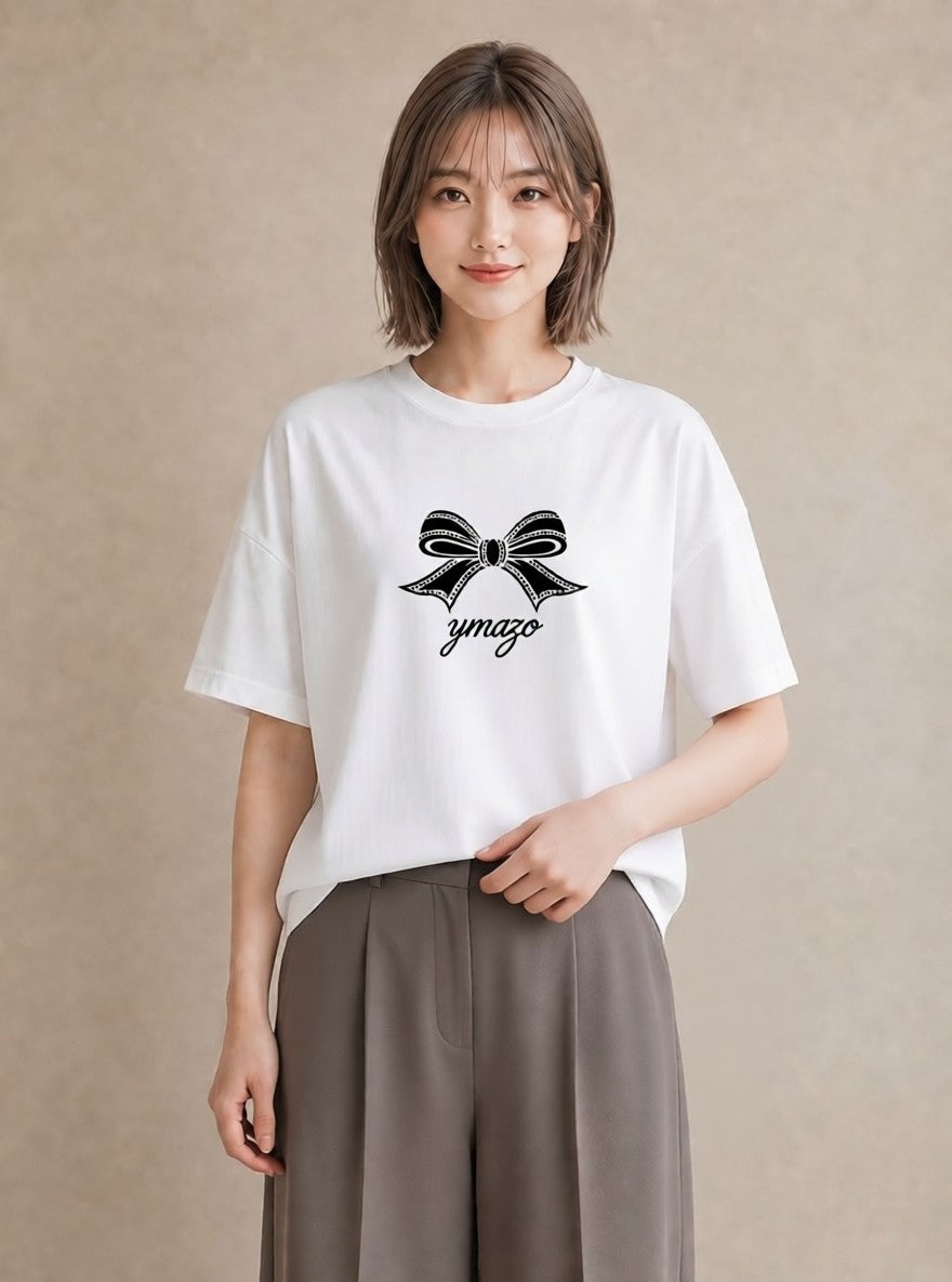 プリントTシャツ レディース リボン 蝶結び ナチュラル アンティーク イラスト カフェ服 クリスマス 白T YMAZO