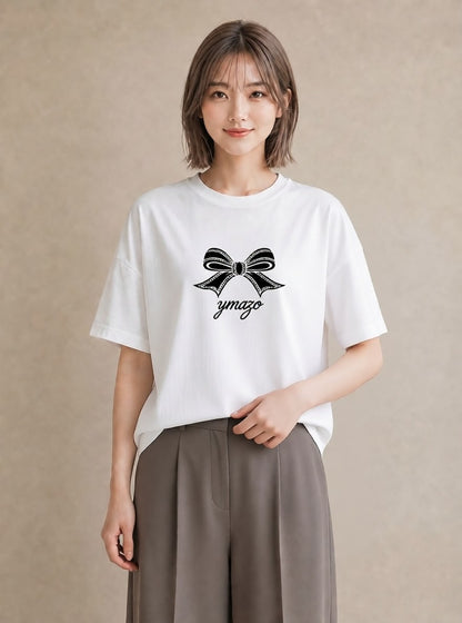 プリントTシャツ レディース リボン 蝶結び ナチュラル アンティーク イラスト カフェ服 クリスマス 白T YMAZO