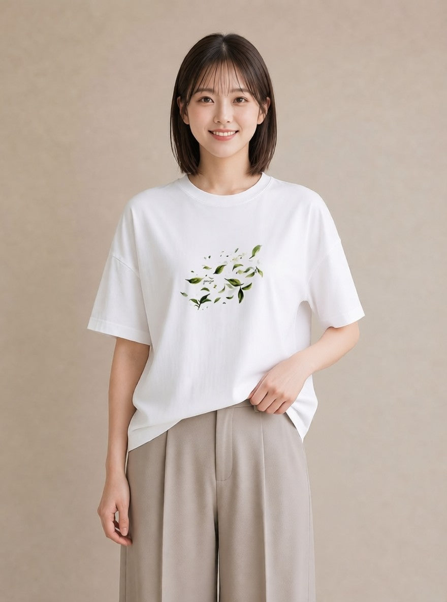 グラフィックTシャツ レディース 新緑 植物 ボタニカル イラスト アート風 普段着 週末コーデ 白T YMAZO