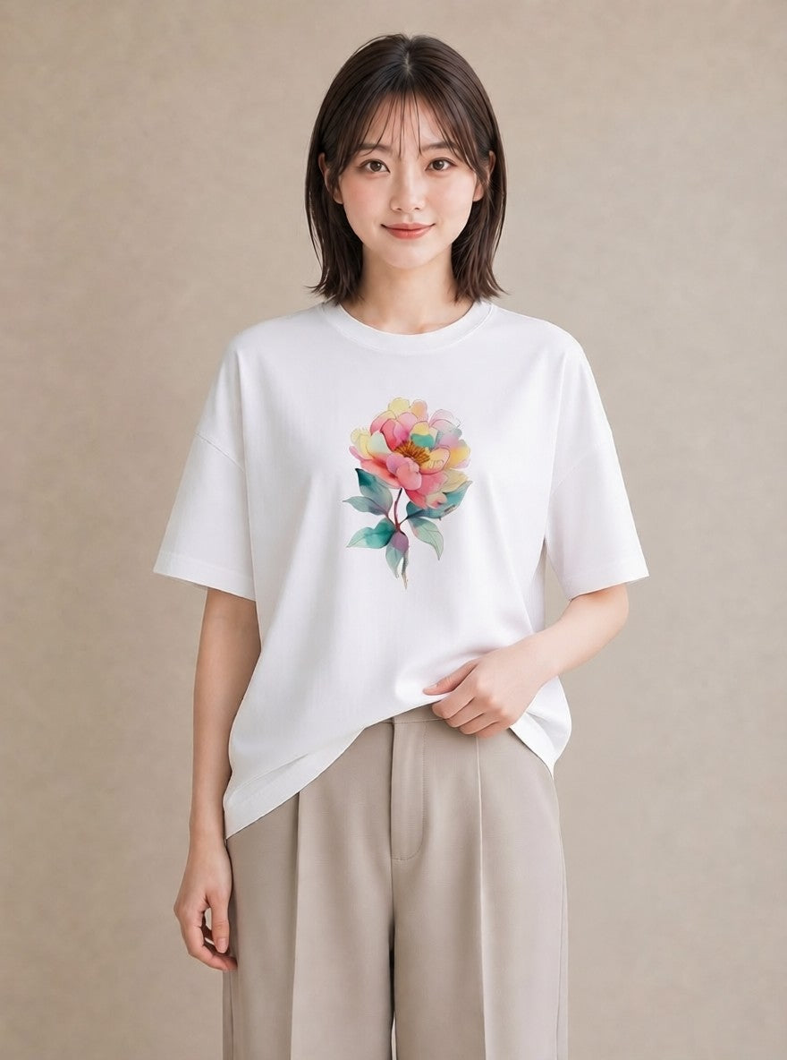 Tシャツ レディース 牡丹 花 花柄 イラスト ゆるコーデ ビーチ デイリーウェア 白T