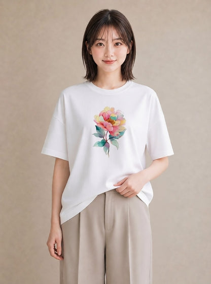 Tシャツ レディース 牡丹 花 花柄 イラスト ゆるコーデ ビーチ デイリーウェア 白T