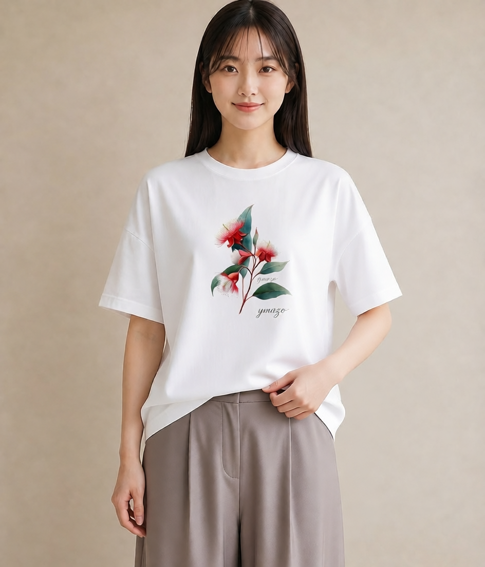 デザインTシャツ レディース ミモザ 花 花柄 イラスト ナチュラル 自分用 ルームウェア 白T YMAZO
