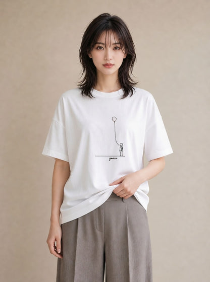 デザインTシャツ レディース 紙風船 和紙 ナチュラル アンティーク イラスト 韓国風 ラフ レイヤード 白T YMAZO