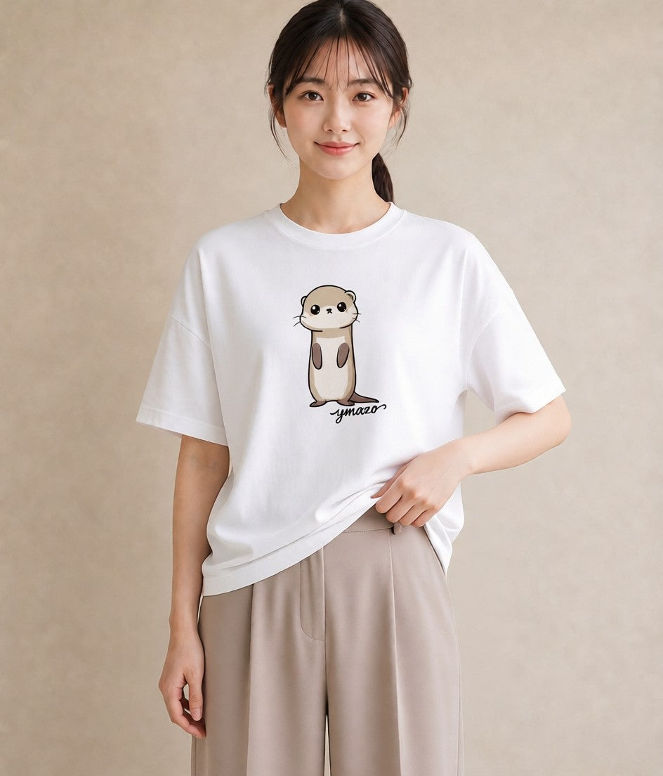 プリントTシャツ レディース カワウソ 動物 アニマル イラスト 手描き風 自分用 ルームウェア 白T YMAZO