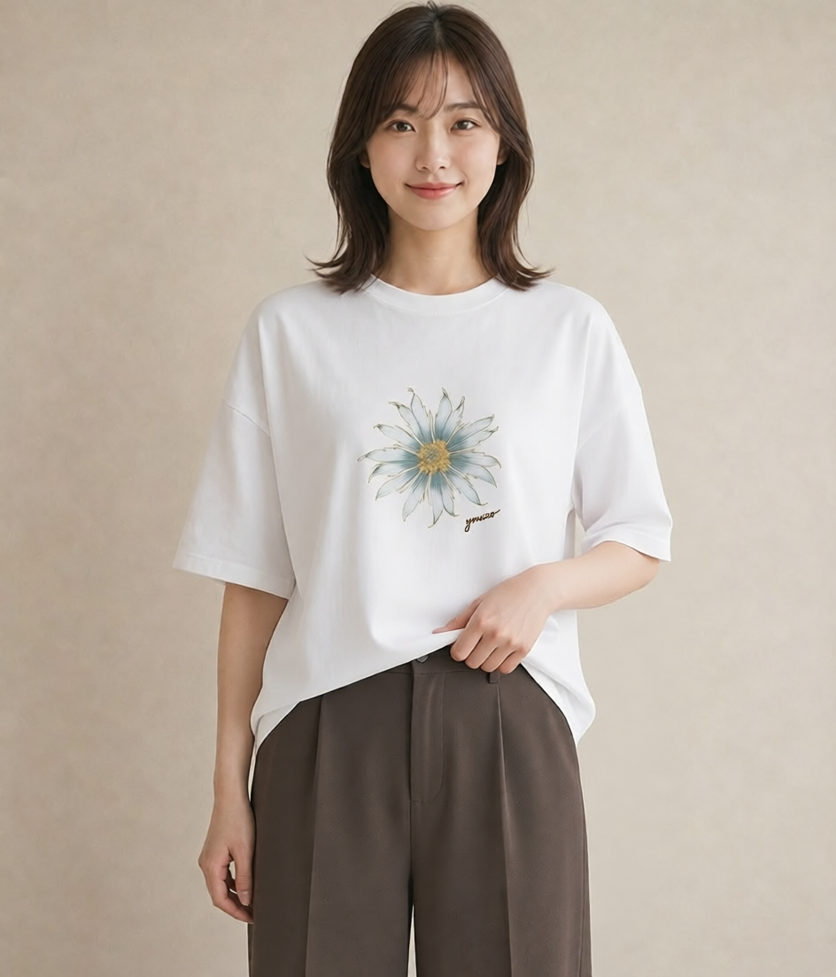 Tシャツ レディース デイジー 花 花柄 イラスト ラフカジュアル ギフト 母の日 白T