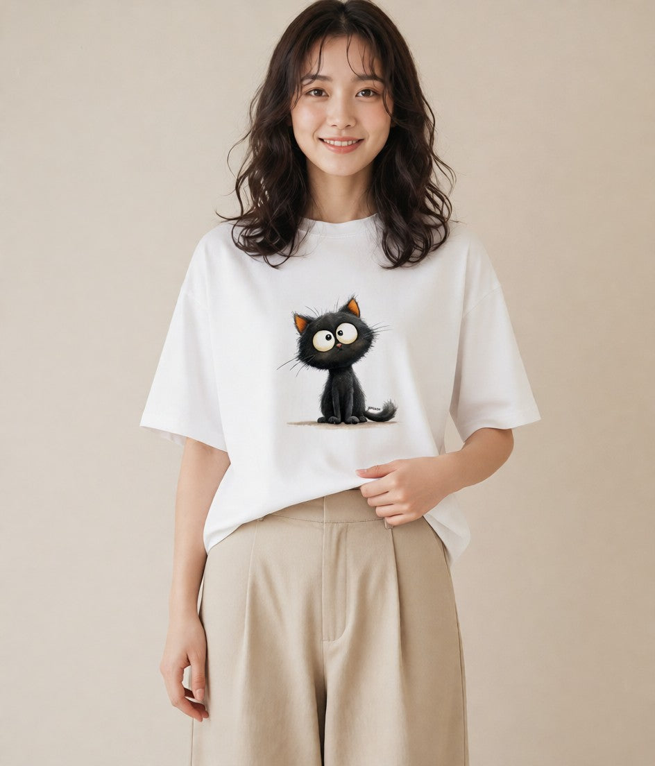 グラフィックTシャツ レディース 黒猫 猫 ねこ イラスト 20代 カジュアルコーデ 白T YMAZO