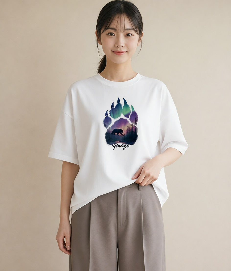 半袖Tシャツ レディース オーロラ 星空 宇宙 イラスト 休日コーデ 送別ギフト 通勤 白T YMAZO