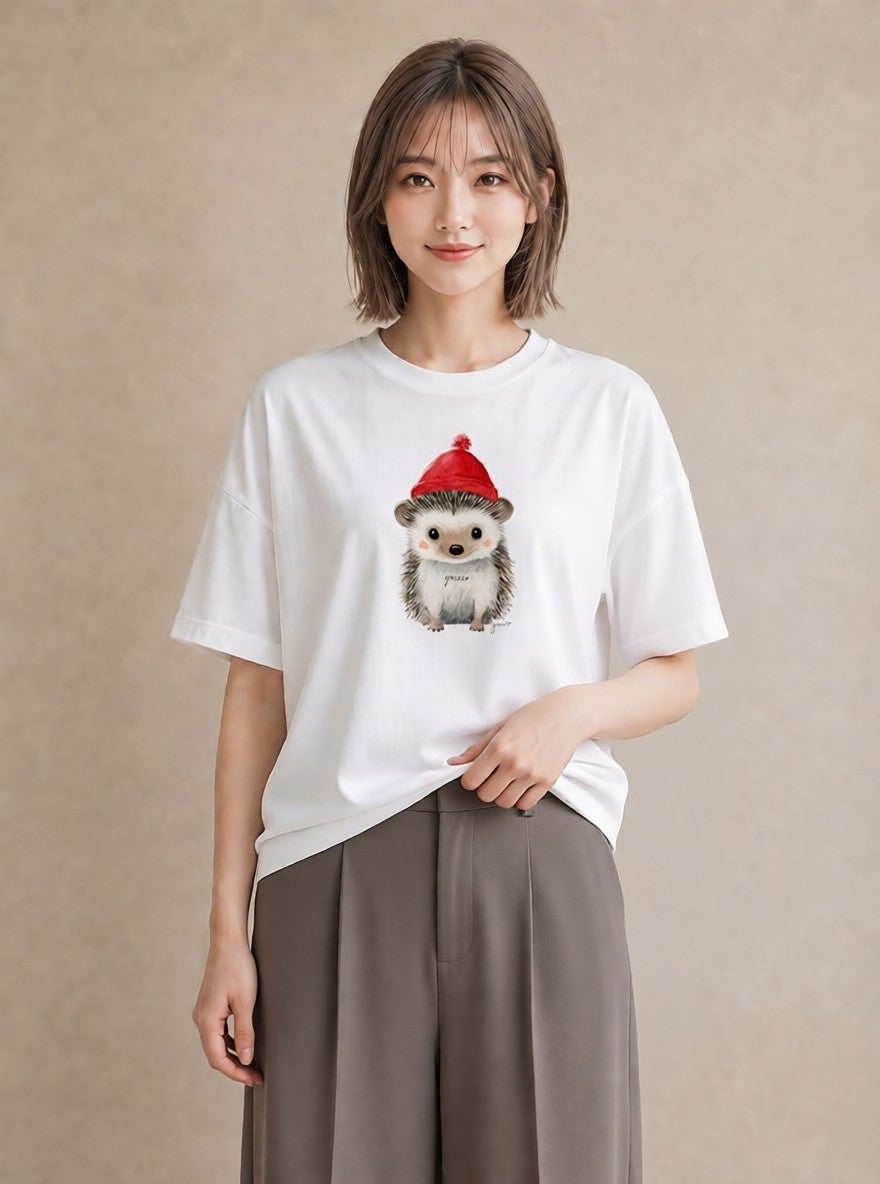 半袖Tシャツ レディース ハリネズミ ペット 動物 イラスト レトロ 公園 ママ 白T YMAZO