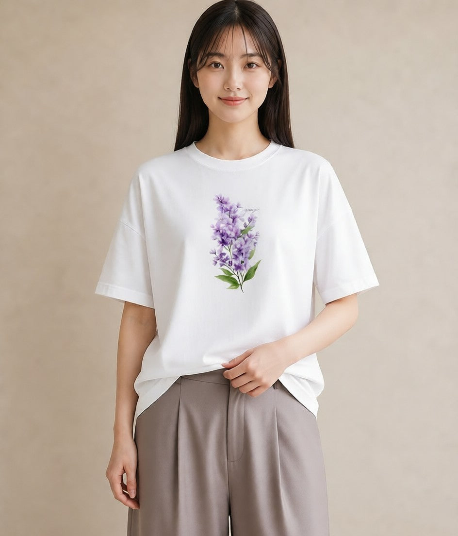 プリントTシャツ レディース ラベンダー 花 花柄 イラスト ラフカジュアル 友達ギフト 部屋着 白T YMAZO
