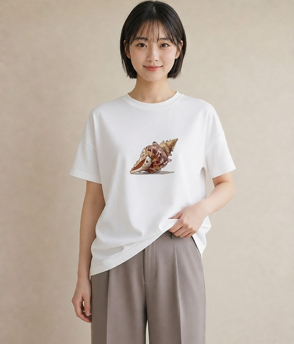 デザインTシャツ レディース 貝 海の生き物 海 イラスト ユニーク 綿100 デート 白T YMAZO