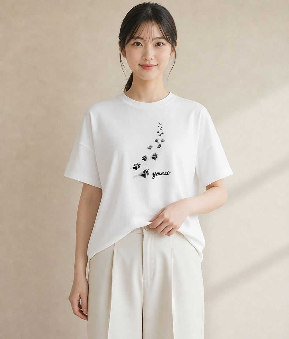 グラフィックTシャツ レディース 肉球 猫 ねこ イラスト 淡色 ミセス 春コーデ 白T YMAZO