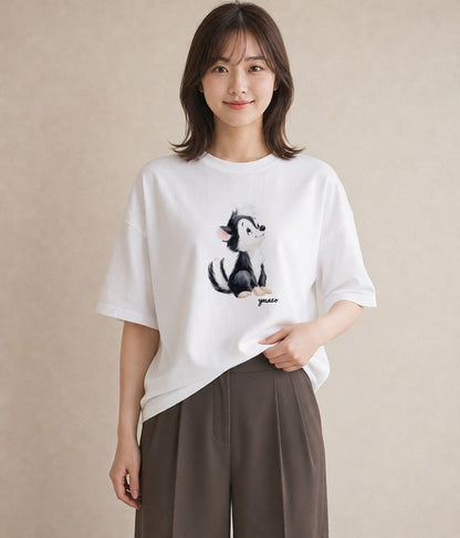 プリントTシャツ レディース 子犬 犬 いぬ イラスト きれいめ 在宅 公園 白T YMAZO