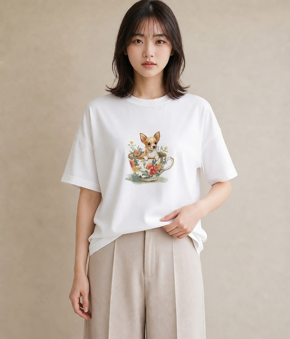 グラフィックTシャツ レディース チワワ 犬 いぬ イラスト きれいめカジュアル 友達ギフト 部屋着 白T YMAZO