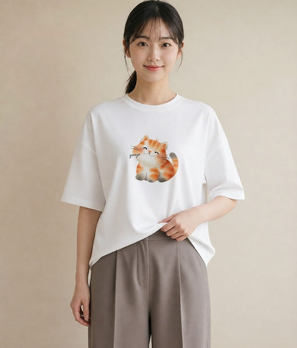 デザインTシャツ レディース 三毛猫 みけねこ 三毛 猫 ねこ イラスト ニュアンス 女性向けギフト 散歩 白T YMAZO