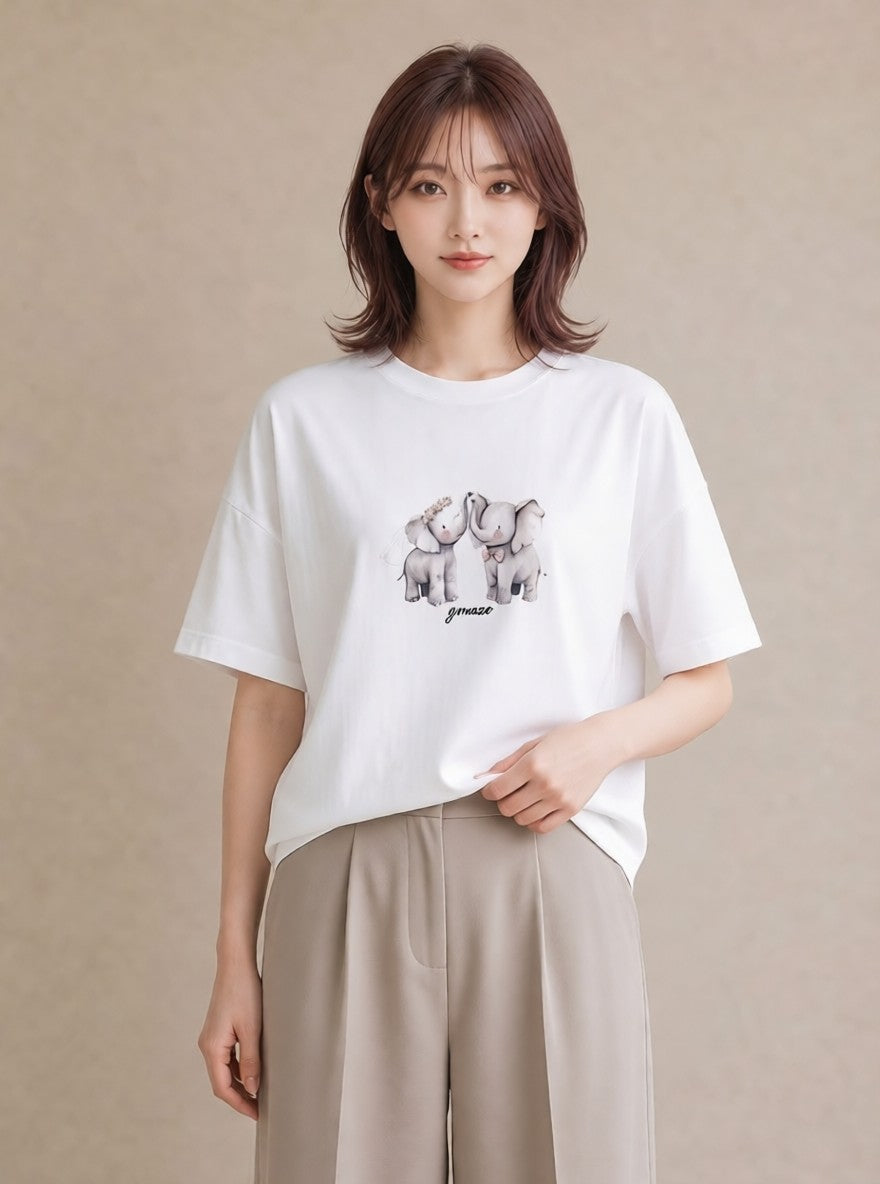 プリントTシャツ レディース ぞう 動物 アニマル イラスト ゆるかわ カフェ巡り 女子会 白T YMAZO