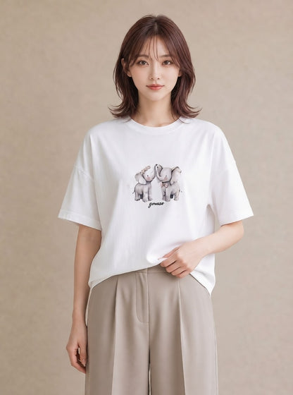 プリントTシャツ レディース ぞう 動物 アニマル イラスト ゆるかわ カフェ巡り 女子会 白T YMAZO
