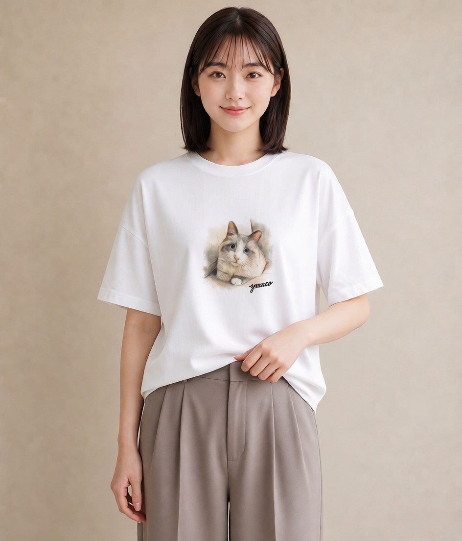デザインTシャツ レディース サビ猫 猫 ねこ イラスト ボタニカル 休日 ペアコーデ 白T YMAZO
