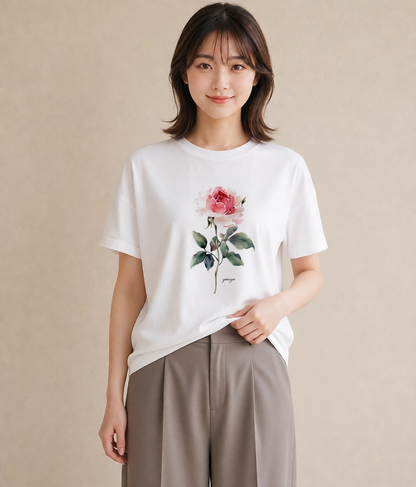 デザインTシャツ レディース バラ 薔薇 ローズ 花 花柄 イラスト ナチュラル 春服 ミセス 白T
