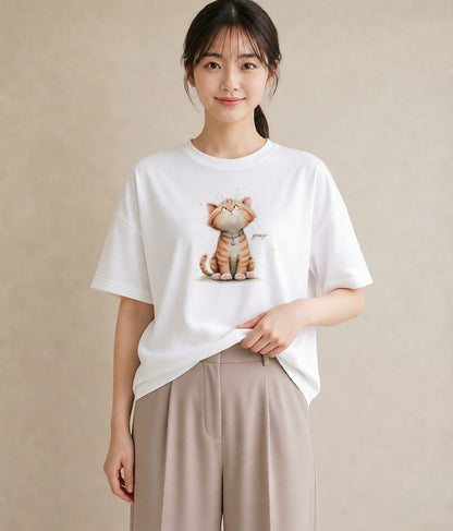 Tシャツ レディース キジトラ 猫 ねこ イラスト フェミニン お出かけ 普段着 白T YMAZO