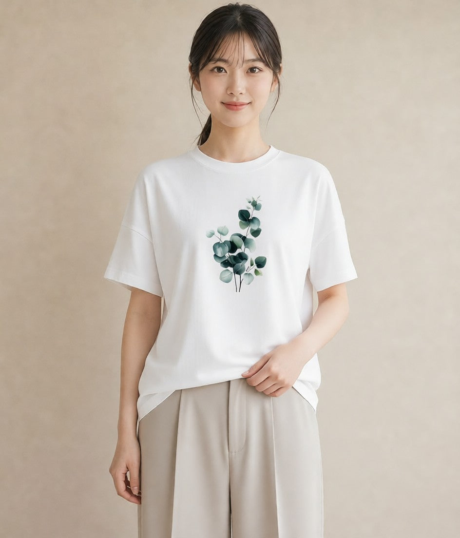 半袖Tシャツ レディース ユーカリ 植物 ボタニカル イラスト きれいめ 母の日 ビーチ 白T YMAZO