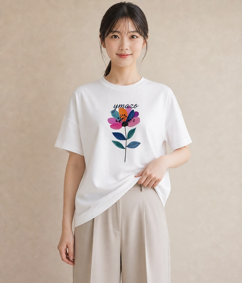 プリントTシャツ レディース パンジー 花 花柄 イラスト 韓国風 公園 ママ 白T