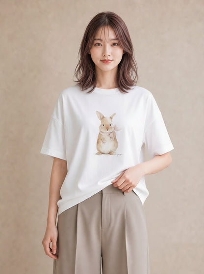Tシャツ レディース ロップイヤー ペット 動物 イラスト ラフカジュアル 女子会 お揃い 白T YMAZO