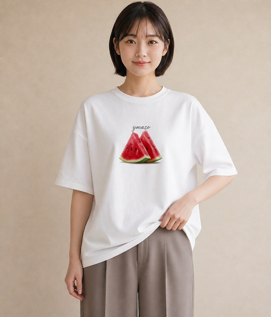 Tシャツ レディース すいか 食べ物 フード イラスト ラフカジュアル 散歩 お出かけ 白T YMAZO