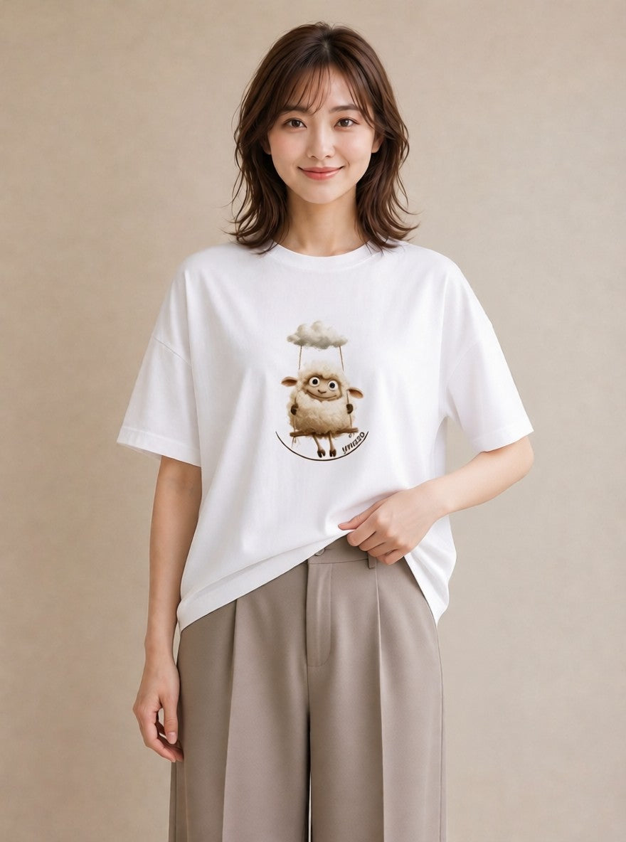 デザインTシャツ レディース ひつじ 動物 アニマル イラスト アート風 社会人 女性 白T YMAZO