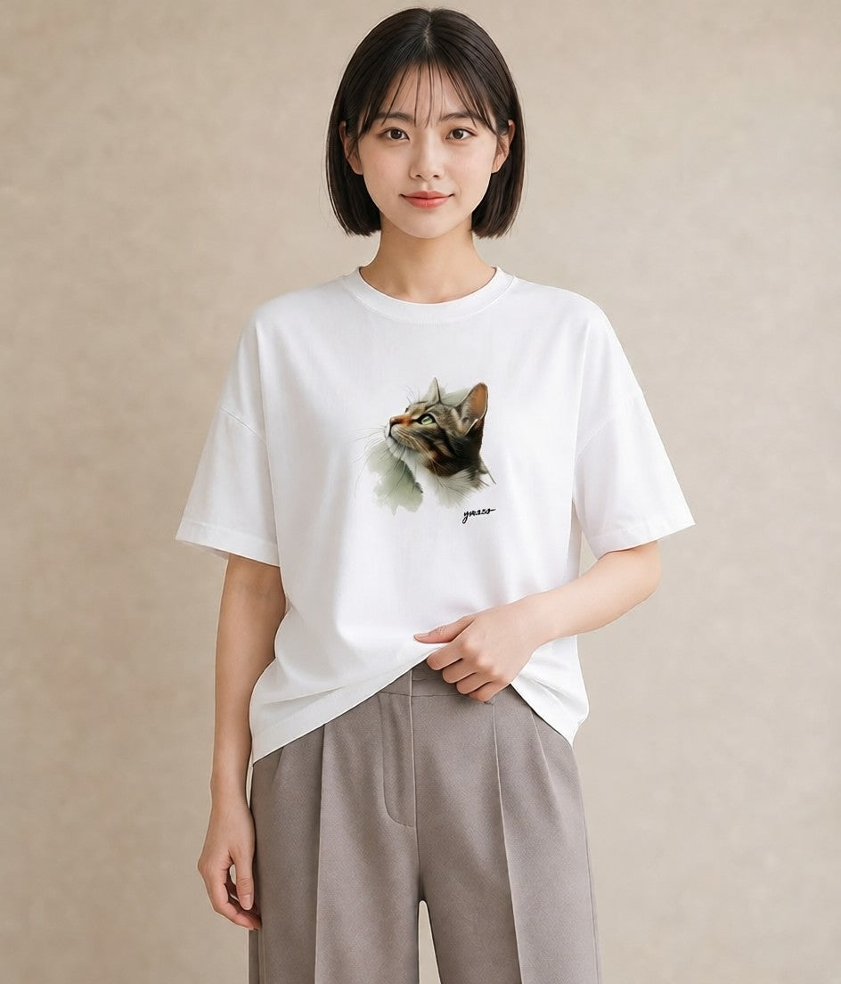グラフィックTシャツ レディース サバトラ 猫 ねこ イラスト 北欧風 女子会 お揃い 白T YMAZO