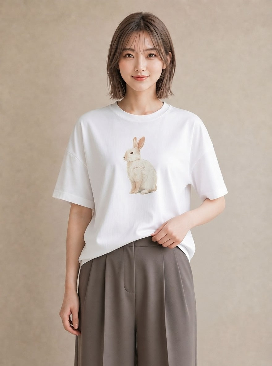 グラフィックTシャツ レディース ミニうさぎ ペット 動物 イラスト フェミニン 旅行用 海 白T YMAZO