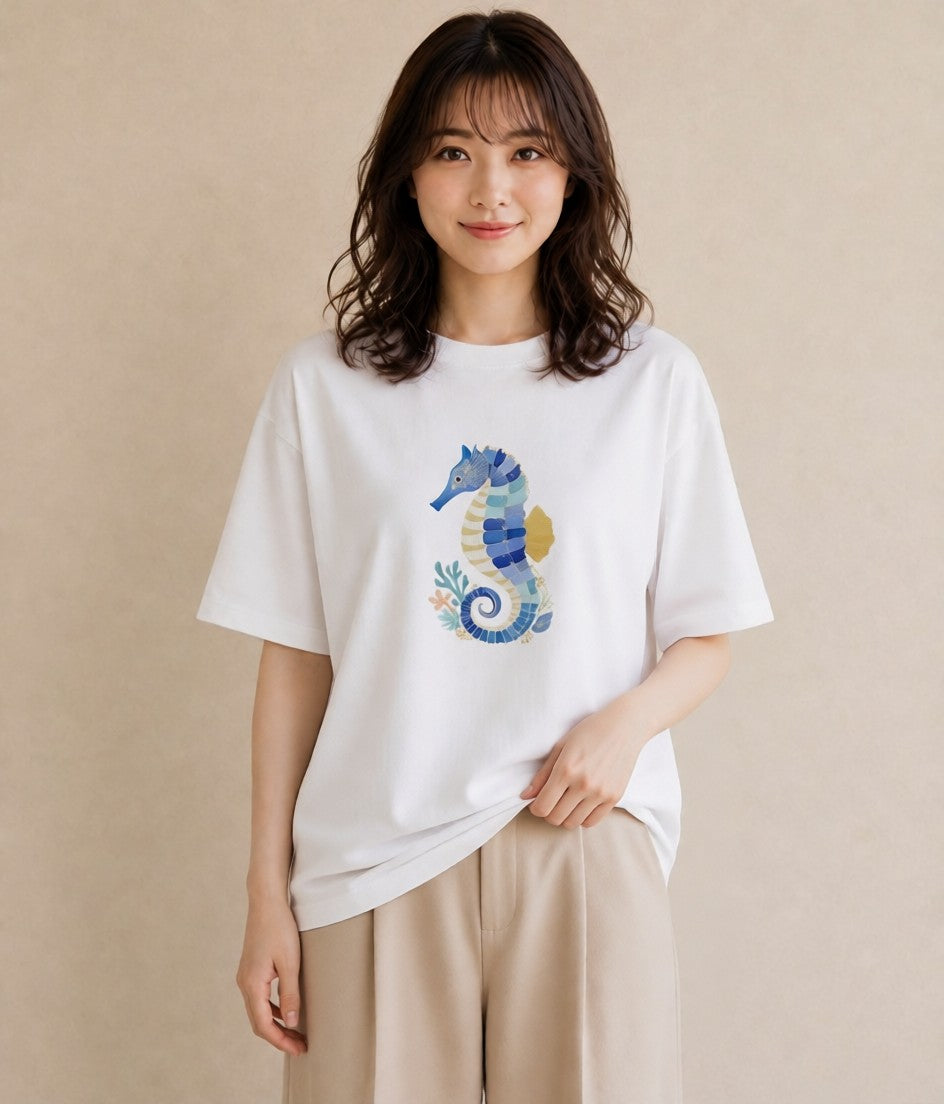 半袖Tシャツ レディース タツノオトシゴ 海の生き物 海 イラスト ミニマル お揃い 親子 白T YMAZO