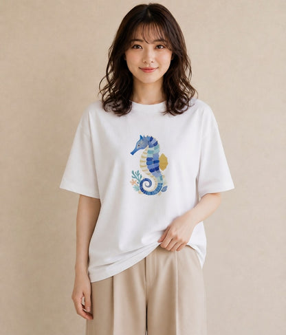 半袖Tシャツ レディース タツノオトシゴ 海の生き物 海 イラスト ミニマル お揃い 親子 白T YMAZO