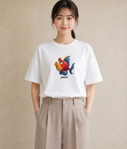 半袖Tシャツ レディース らんちゅう ペット 動物 イラスト お洒落 ペアコーデ 秋コーデ 白T YMAZO