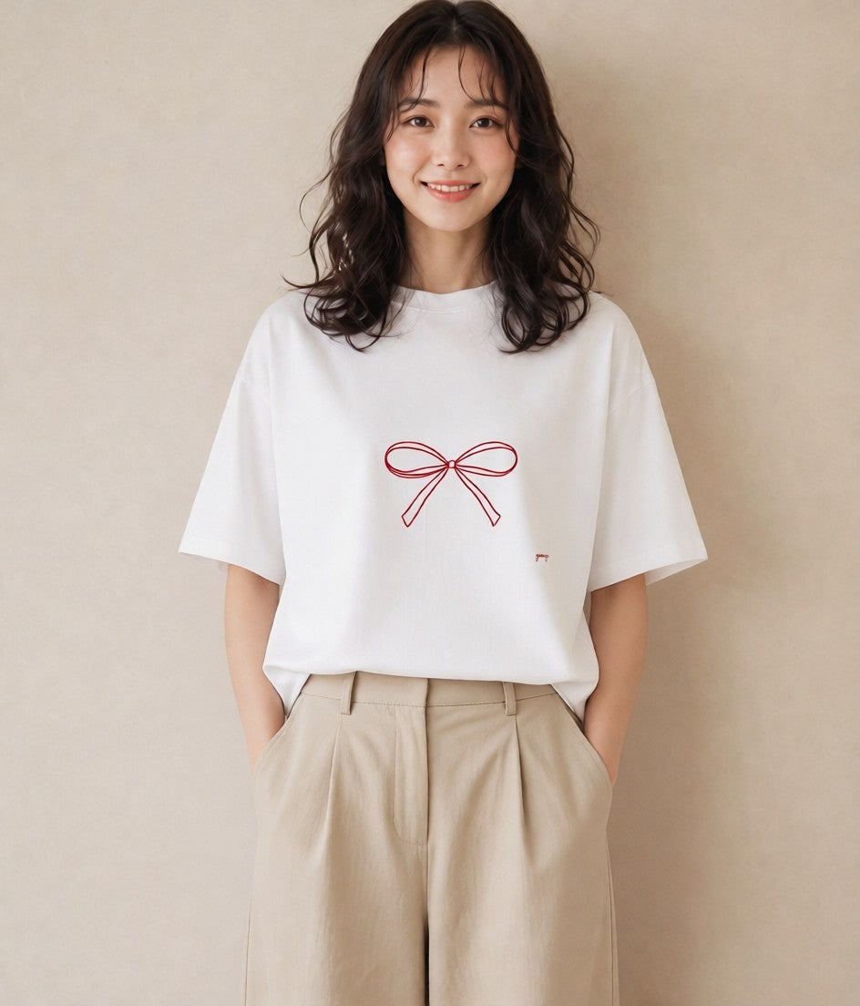 プリントTシャツ レディース リボン 蝶結び ナチュラル アンティーク イラスト 線画 20代 カジュアルコーデ 白T YMAZO