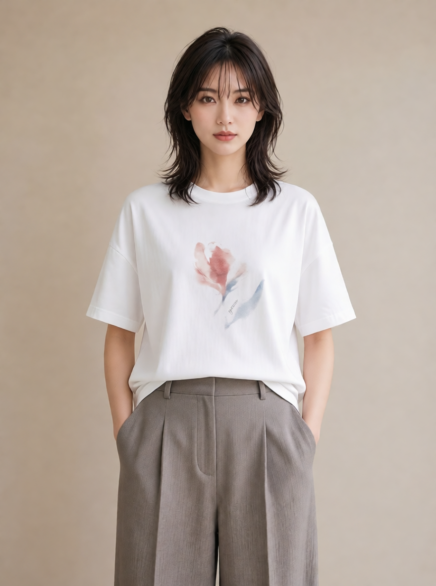 プリントTシャツ レディース チューリップ 花 花柄 イラスト ユニーク 在宅 公園 白T