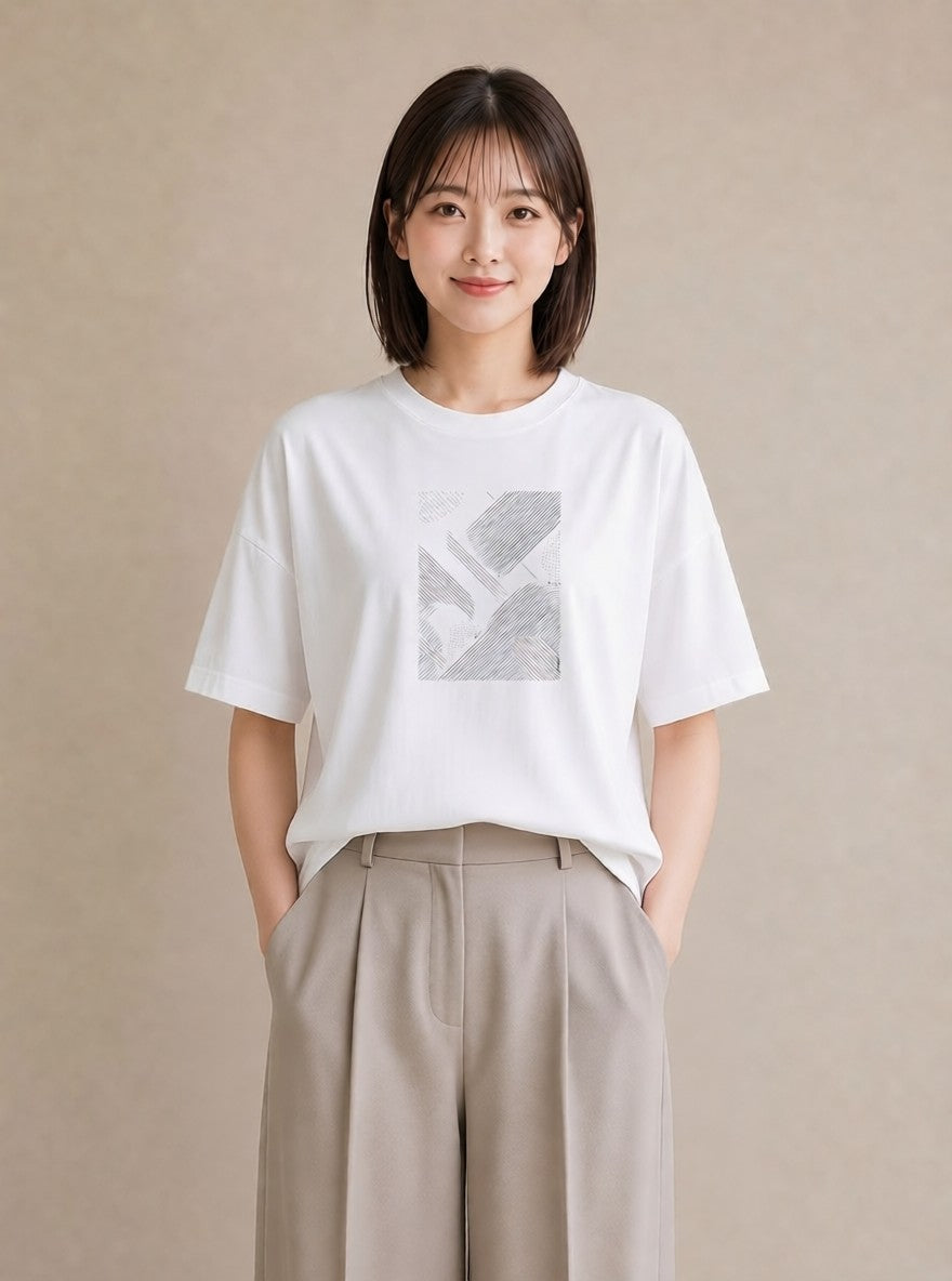 デザインTシャツ レディース 幾何学 ミニマル ジオメトリック イラスト ラフカジュアル 週末コーデ 敬老の日 白T YMAZO