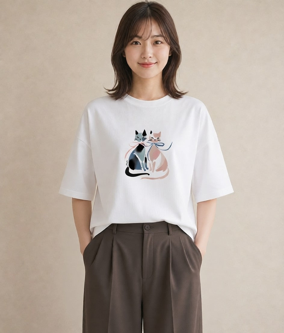 グラフィックTシャツ レディース ニャンコ 猫 ねこ イラスト 普段使い ギフト 母の日 白T YMAZO