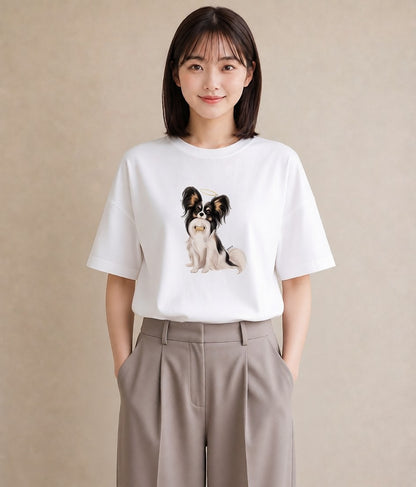 デザインTシャツ レディース パピヨン 犬 いぬ イラスト シック カフェ巡り 女子会 白T YMAZO