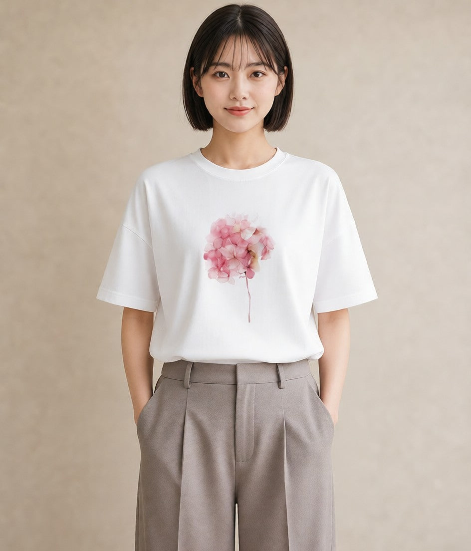 半袖Tシャツ レディース あじさい 紫陽花 アジサイ 花 花柄 イラスト 抜け感 誕生日プレゼント 綿100 白T