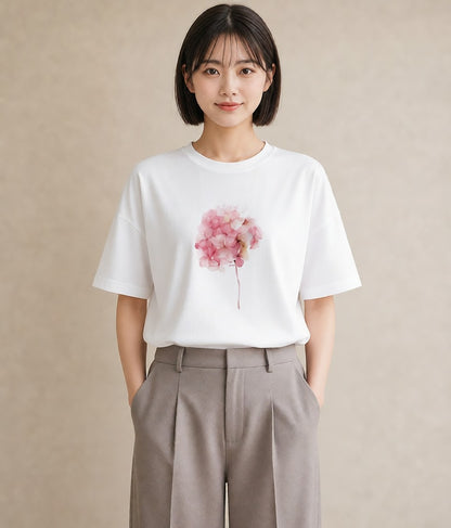 半袖Tシャツ レディース あじさい 紫陽花 アジサイ 花 花柄 イラスト 抜け感 誕生日プレゼント 綿100 白T