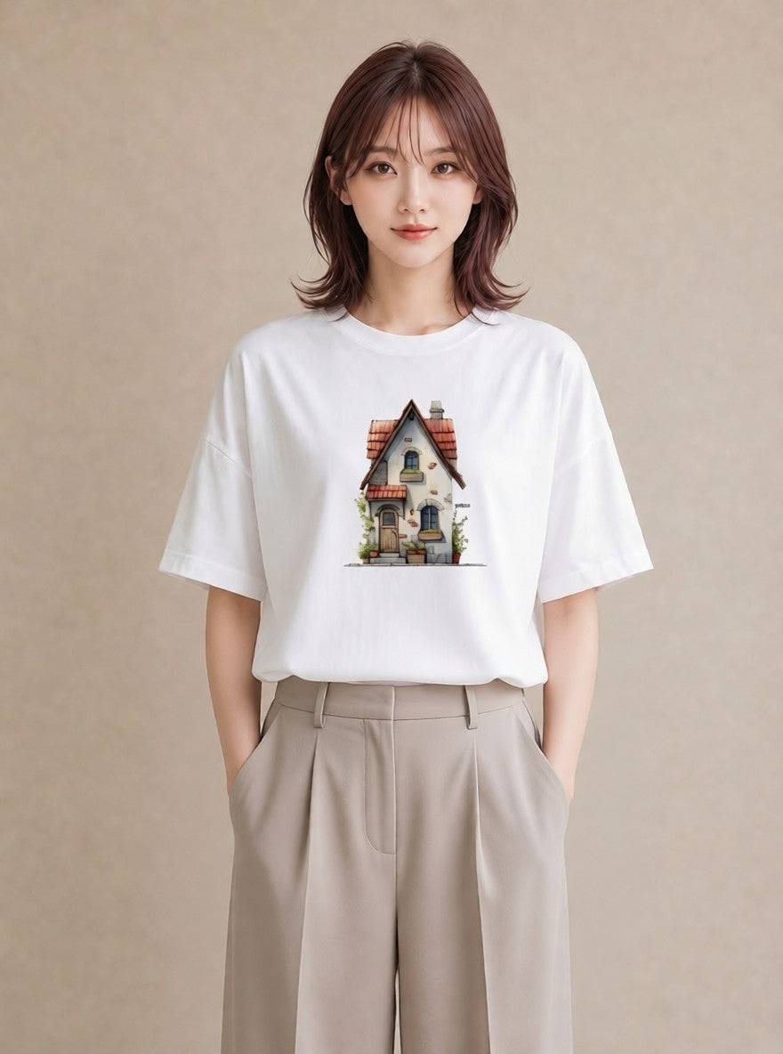 デザインTシャツ レディース 湖畔の小屋 湖 小屋 ナチュラル アンティーク イラスト こなれ感 カフェ服 クリスマス 白T YMAZO