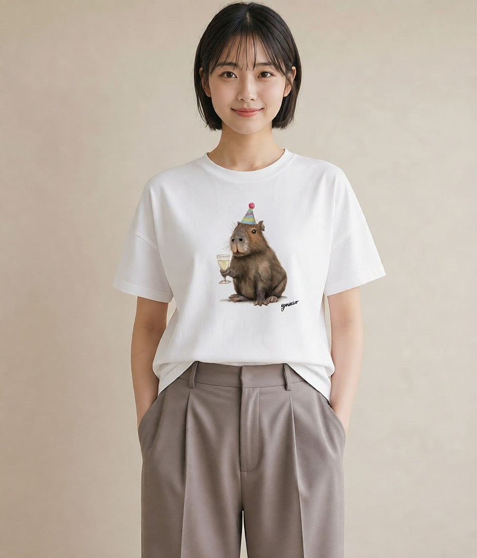 Tシャツ レディース モルモット ペット 動物 イラスト ヴィンテージ風 レイヤード 友達ギフト 白T YMAZO