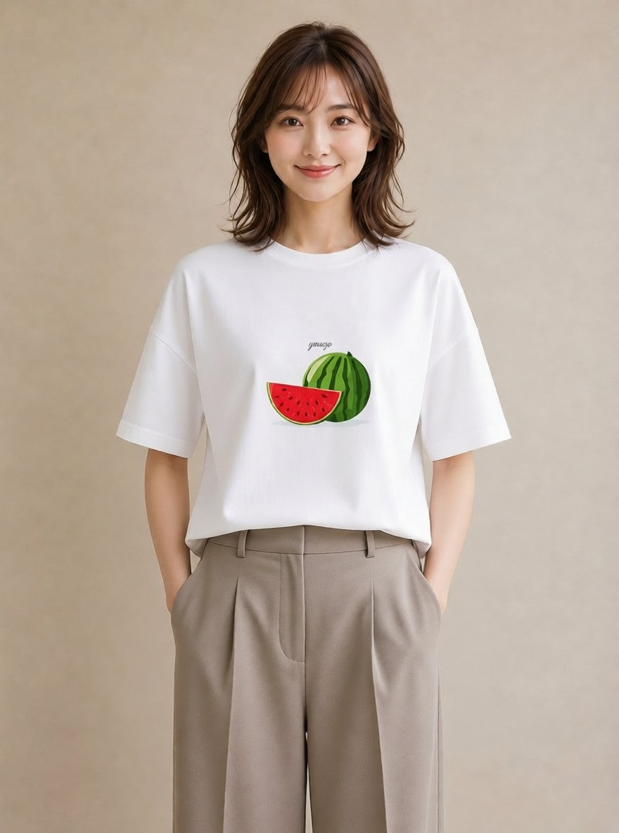 プリントTシャツ レディース すいか 食べ物 フード イラスト ラフカジュアル 在宅 公園 白T YMAZO