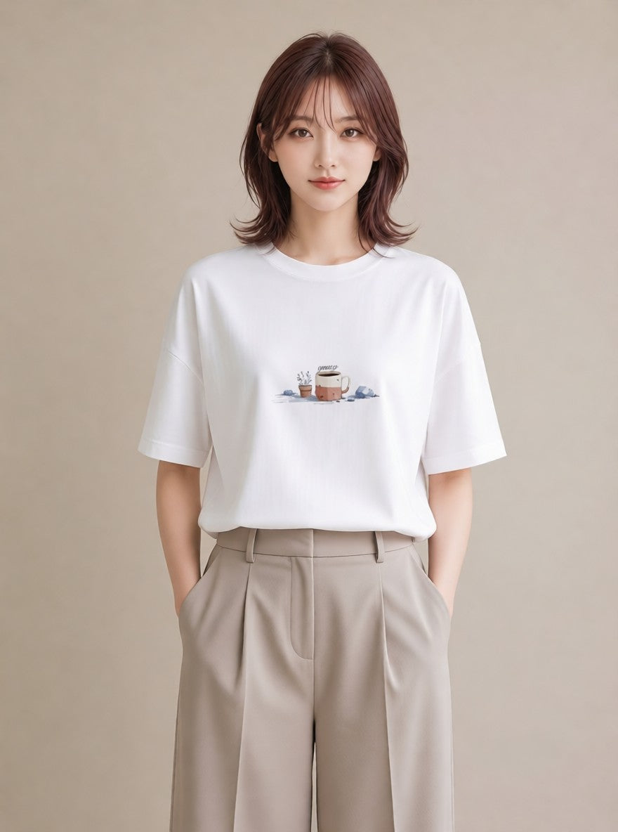 半袖Tシャツ レディース コーヒー 珈琲 カフェ 食べ物 フード イラスト 女性 旅行用 白T YMAZO
