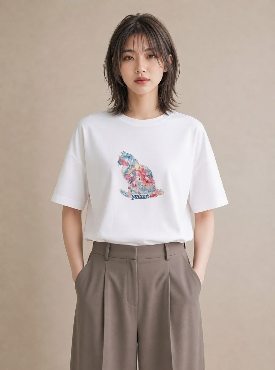 プリントTシャツ レディース シャム柄 猫 ねこ イラスト こなれ感 通勤 在宅 白T YMAZO