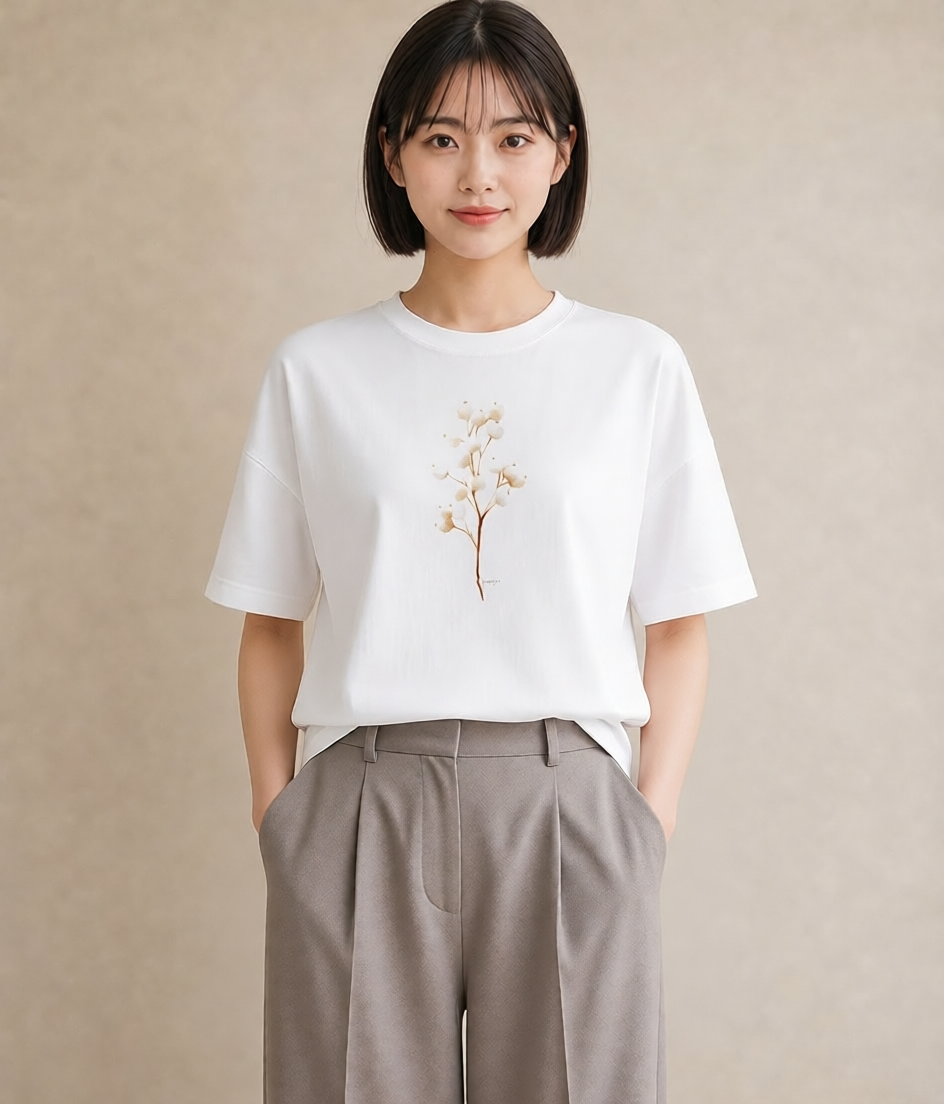 プリントTシャツ レディース カスミソウ かすみ草 花 花柄 イラスト ヴィンテージ風 休日 ペアコーデ 白T