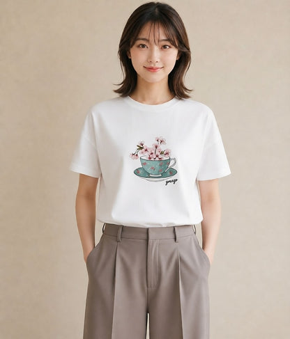 デザインTシャツ レディース 紅茶 食べ物 フード イラスト きれいめカジュアル 旅行用 海 白T YMAZO
