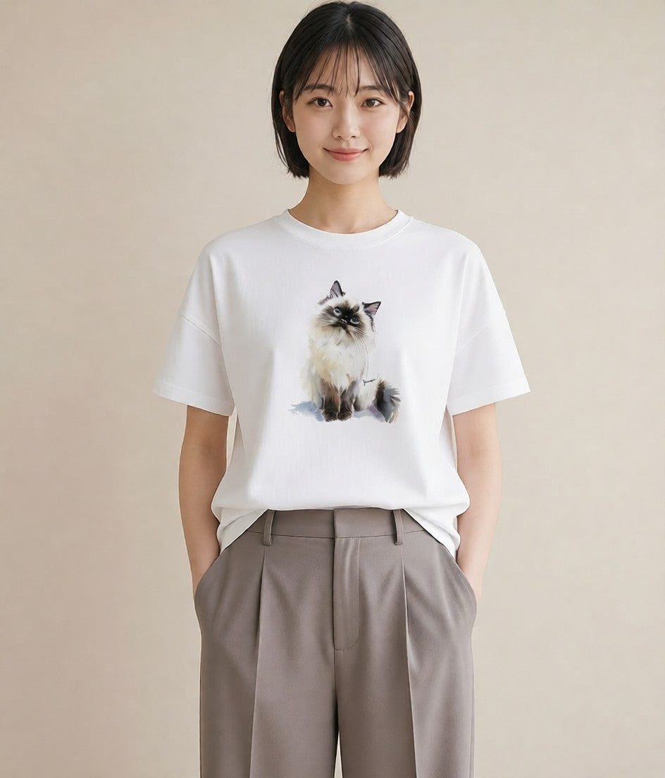 デザインTシャツ レディース 白猫 猫 ねこ イラスト 線画 春コーデ 姉妹 白T YMAZO
